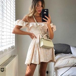 Cream Boho OFF shoulder Floral Print Mini Dress